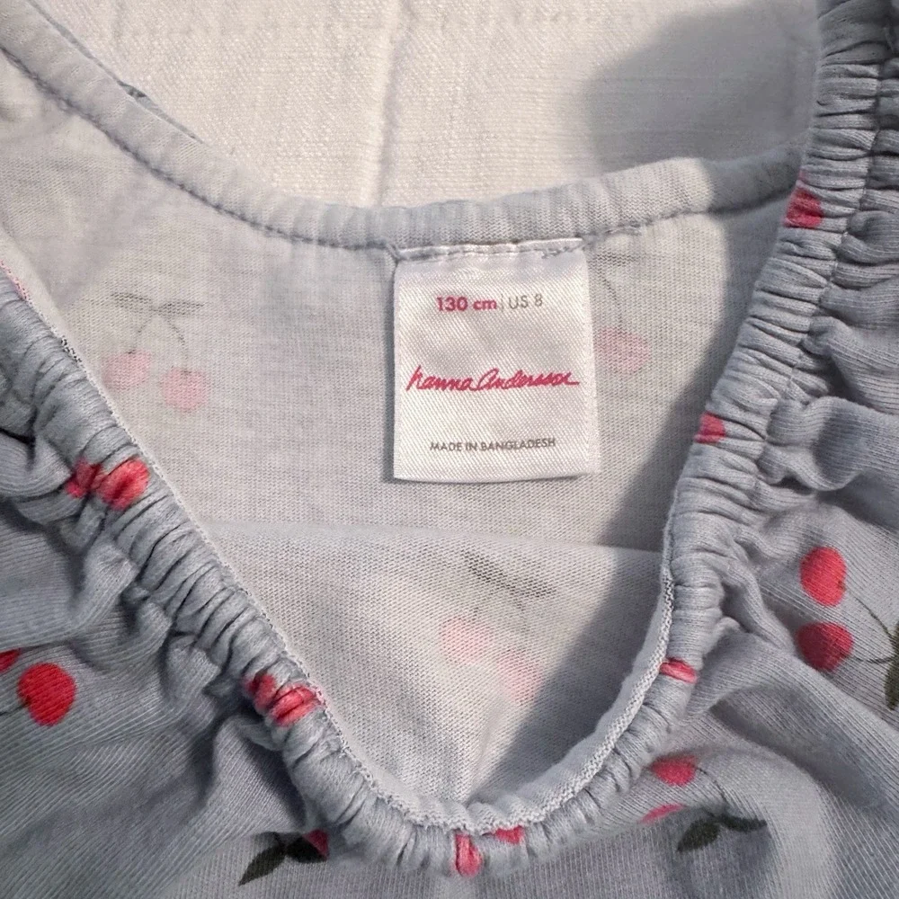 Hanna Andersson Girls Cotton Dress Size 8 130 Ruffle Neck Blue Cherries
